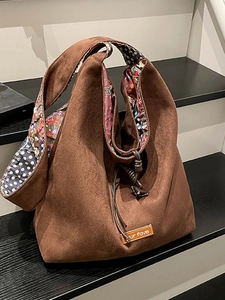 Large Capacity Suede Like Tote Bag For Women Retro Drawstring Shoulder Bag With Printed Lining Versatile Crossbody Shopping Bag