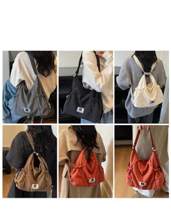 Detailed grid view showing six color options of the large capacity canvas crossbody bag on a model