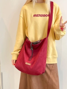 Red large capacity suede tote bag crossbody bag for women with drawstring detail