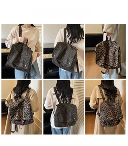 Collage of leopard print canvas backpack showing multiple carrying styles and red embroidery