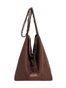 Brown large capacity suede tote bag with ethnic floral patterned wide shoulder strap