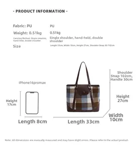 Detailed size chart for retro plaid tote bag showing 33x10x27cm dimensions and PU material