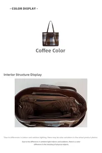 Detailed internal structure of the coffee plaid tote bag with zipper and striped lining