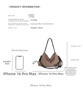 Detailed size chart for brown large-capacity canvas tote bag with dimensions and carrying methods