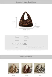 Detailed view of large plush tote bag showing size parameters and ethnic pattern texture