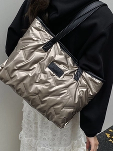 Metallic gold quilted tote bag for women with large capacity and black leather straps