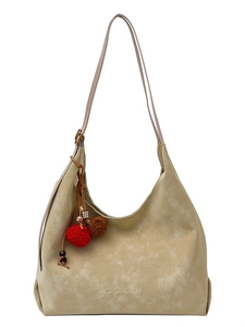 Grand sac cabas beige avec deux bandoulières et breloques pompons colorées