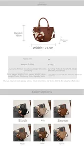 Detailed size specifications for small PU crossbody bag showing dimensions 21x15x8cm