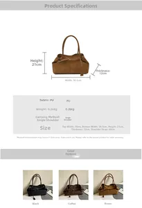 Detailed size chart for retro PU leather shoulder tote showing dimensions and strap length