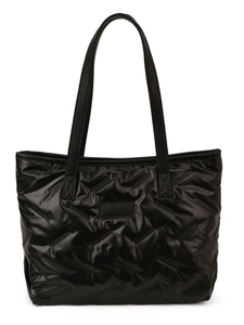 Large black quilted puffer tote bag with glossy wavy stitching for women's winter style