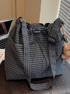 Fashion Plaid Canvas Bucket Bag For Women Large Capacity Drawstring Crossbody Bag With Bear Charm Commute Tote Shoulder Bag