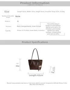 Tableau des tailles et capacité intérieure du grand sac cabas vintage en cuir PU marron