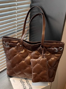 Sac Fourre-tout Matelassé en Cuir PU Grande Capacité pour Femmes Sac à Épaule Rétro Décontracté Avec Mini Pochette Travail
