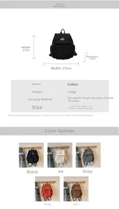 Detailed size specifications and multi-color options for this canvas backpack