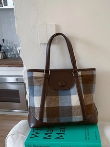 Vintage plaid tote bag in blue and brown tweed with premium leather trim and handles