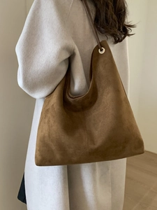 Brown suede tote bag with slim straps, minimalist retro large capacity shoulder bag