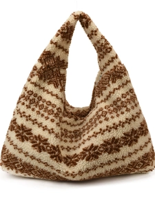 Brown and beige patterned faux fur hobo tote bag with a soft plush texture for winter