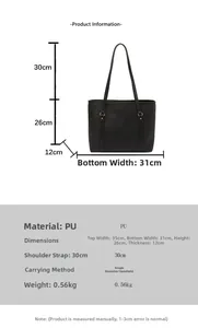 Detailed size chart for black PU leather tote bag with dimensions and strap length info