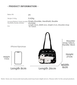 Detailed size specifications for the polka dot bag with leather strap dimensions and weight