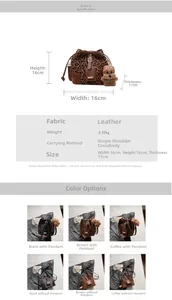 Detail view of leopard print bucket bag with dimensions 16x16x11cm and plush charm