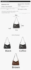 Detailed view of large capacity PU leather tote bag with stitching and size parameters