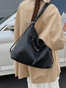 Vintage black pleated tote bag with adjustable straps for women commute and casual style