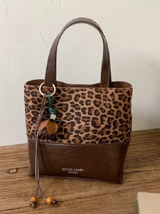 Women Vintage PU Leather Patchwork Bucket Bag Retro Leopard Print Shoulder Crossbody Bag With Detachable Pendant Purse
