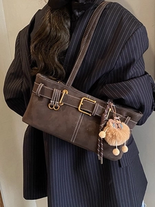Retro dark brown suede shoulder bag with gold buckles and cute bear charm for women