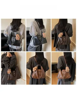 Collage of black and brown vintage backpacks with teddy bear charms on models
