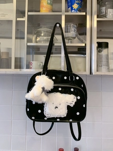 Large capacity black polka dot tote bag with a cute plush dog pendant and front pocket