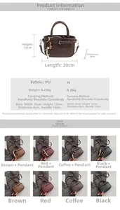 Size chart showing PU handbag dimensions of 20x12x8cm with weight and color options