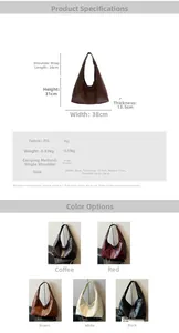 Detailed size specifications and five color variants of this large PU shoulder tote bag