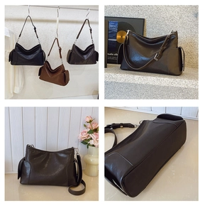 Vue détaillée des sacs à bandoulière en cuir PU brillant noir, café et marron clair