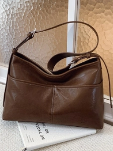 Large Capacity PU Leather Tote Bag For Women Vintage Stitching Shoulder Bag Versatile Commuter Crossbody Bag Handbag