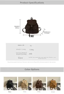 Detailed technical chart showing backpack dimensions and four vintage color options