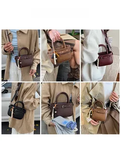 Collage of model wearing minimalist square crossbody bags in various colors and outfits