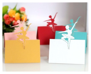 Elegant laser-cut ballerina place cards for weddings and parties in five vibrant colors