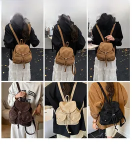 Collage of retro drawstring flap backpacks in various colors shown on models in daily scenes