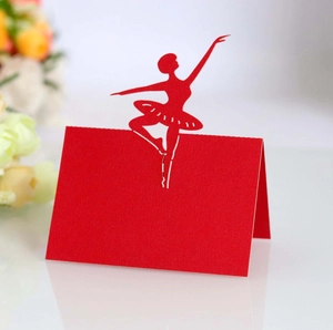 Elegant red laser-cut ballerina table card for wedding seating or party decor