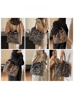 Detailed views of leopard print plush tote bag with polka dot rope straps on a model