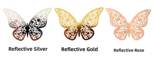 Hollow 3D butterflies in reflective gold, silver, and rose gold finishes