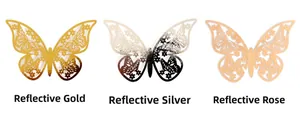 Three colors of 3D butterfly wall stickers in metallic gold, silver and rose gold finishes