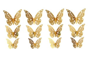 Detailansicht von 12 goldenen 3D-Hohl-Schmetterlings-Wandstickern mit feiner Laserschneidung