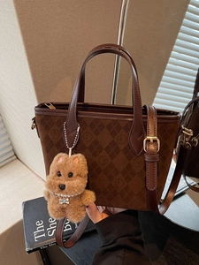Vintage PU Leather Bucket Bag For Women Retro Rhombus Letter Print Handbag Small Crossbody Bag With Plush Charm Commuter Shoulder Bag