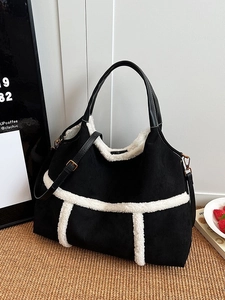 Retro black faux suede and sherpa tote bag with adjustable shoulder strap for women