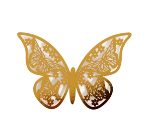 Detail of 3D gold butterfly wall stickers featuring intricate laser-cut floral patterns