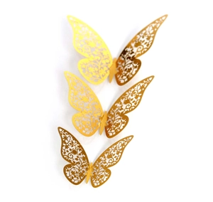 Detail showing intricate laser-cut 3D gold butterfly wall stickers with metallic finish