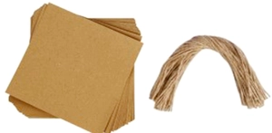 Detail of square kraft paper cards and natural jute twine for DIY wedding confetti cones