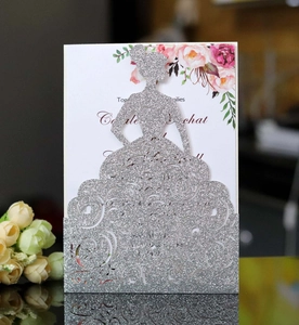 Detailed laser-cut silver glitter wedding invitation with elegant hollow girl silhouette