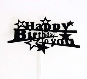 Sparkly black glitter Happy Birthday to you cake topper with decorative stars